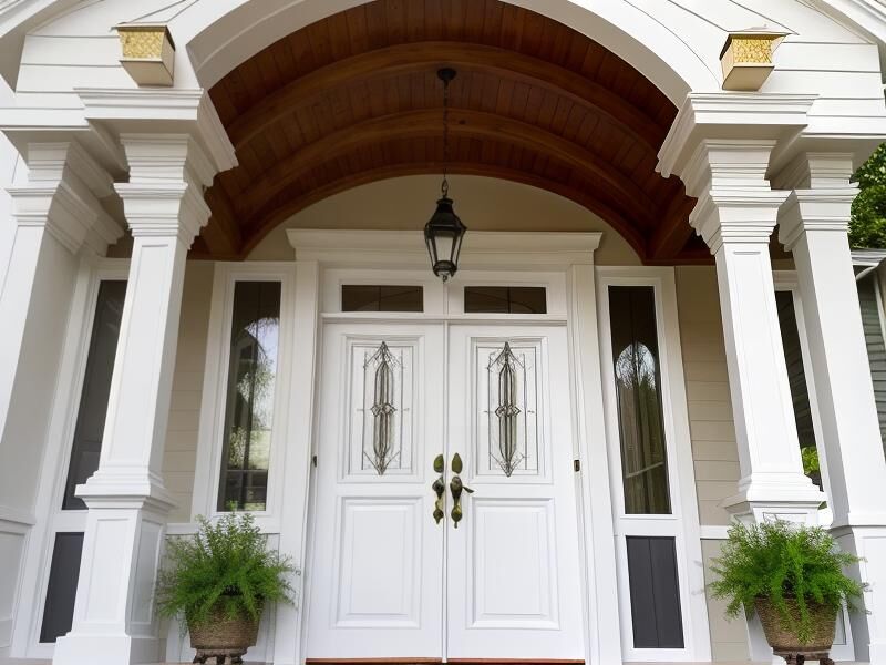 Custom arched entryway with wood ceiling and architectural trim by Heritage Crown and Millworks