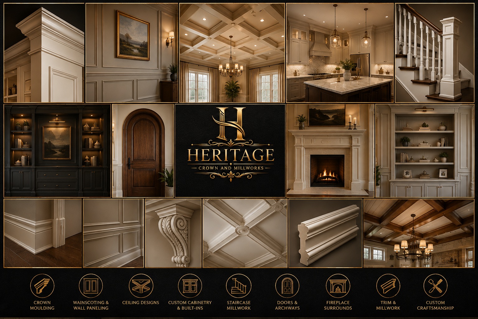 Heritage Crown and Millworks custom millwork, crown moulding, wall paneling, cabinetry, staircases, fireplaces and trim craftsmanship. Contact Heritage Crown and Millworks