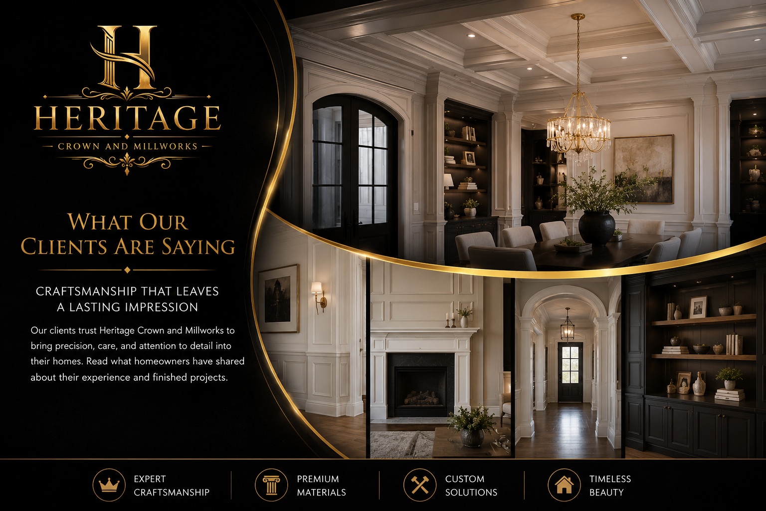 Luxury custom millwork by Heritage Crown and Millworks featuring wall moulding, coffered ceilings, built-ins, and architectural details.