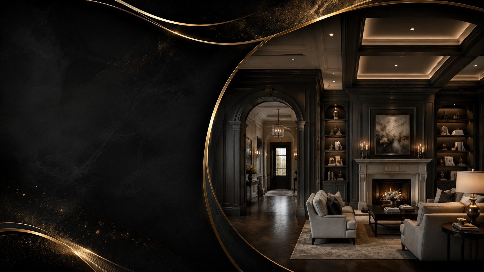 Luxury custom millwork interior with black cabinetry, coffered ceiling, fireplace, and gold accents for Heritage Crown and Millworks