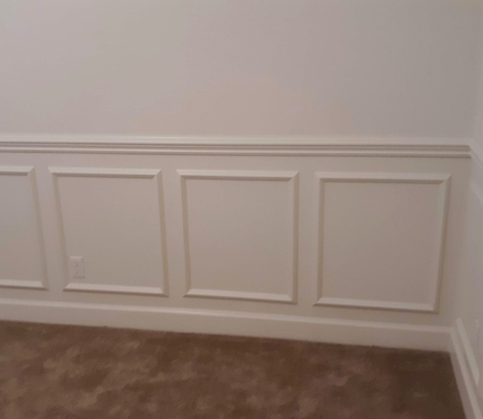 White baseboard moulding wrapping an inside corner beneath raised wall panels.